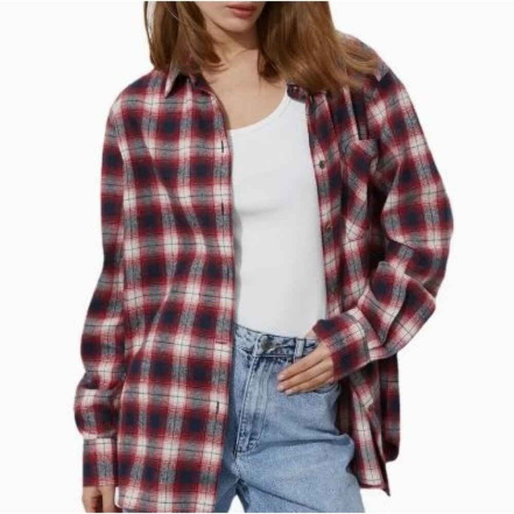 Gap Plaid Flannel Shirt Womens Size XS Long Sleeves Front Pocket Red White